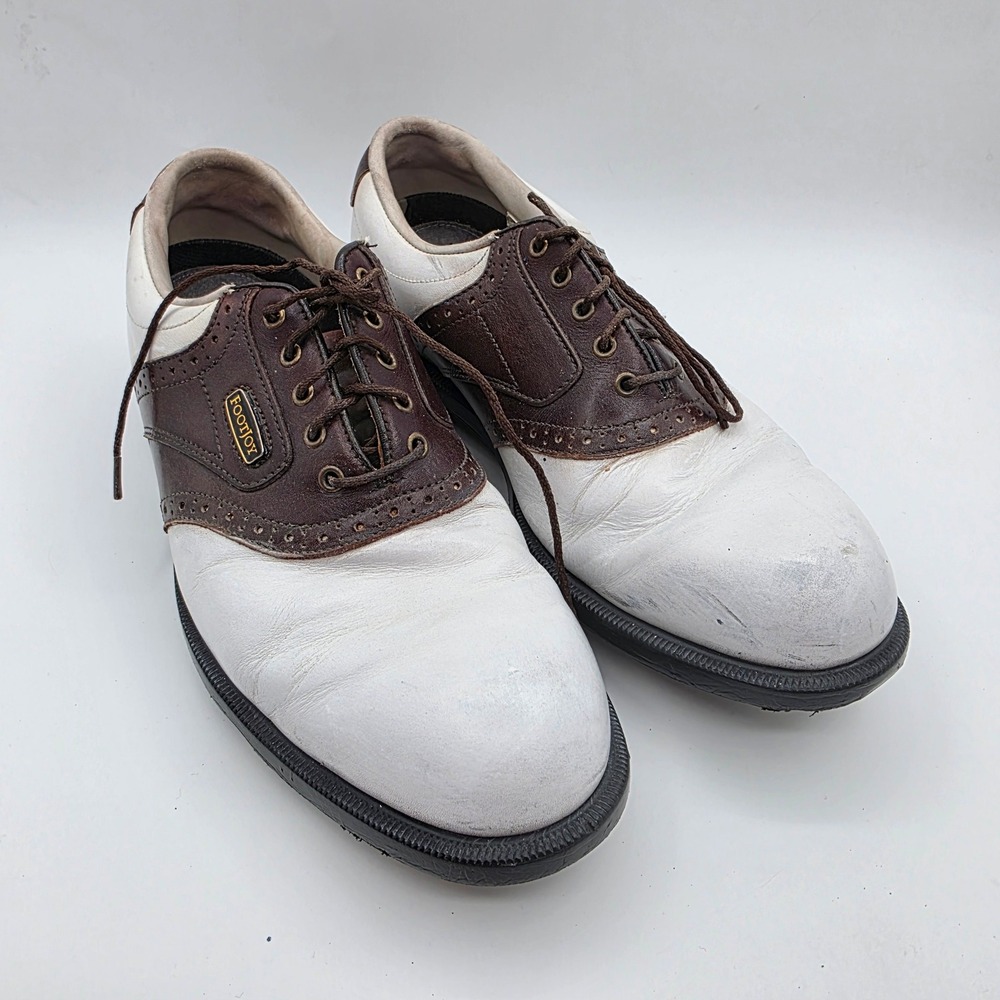 FootJoy DryJoys Mens 8.5 M White Brown Leather Saddle Oxford Golf Shoes